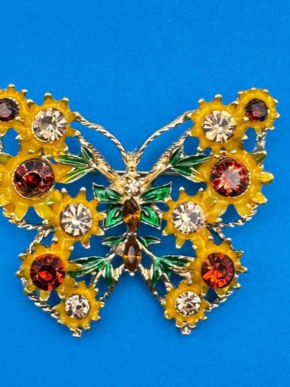 Butterfly Brooch Pin Yellow Green Enamel Flowers Rhinestones Gold Tone Costume
